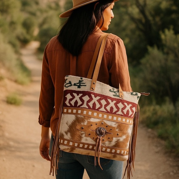 Olay Canvas Shoulder Bag Hair On Cowhide Leather Tote Aztec Fringe Neutral Color - Picture 8 of 9
